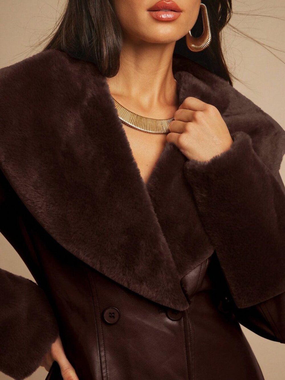 Coffee Brown Elegant Women's Faux Fur Collar Slim Jacket - Picture 8 of 8